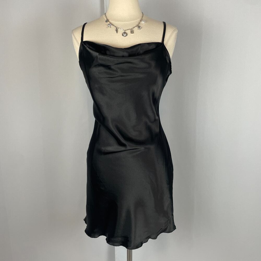 bebe Slip Dress Size Large Black Satin Cowl Neck Mini Silky Satin Party Glam Y2K